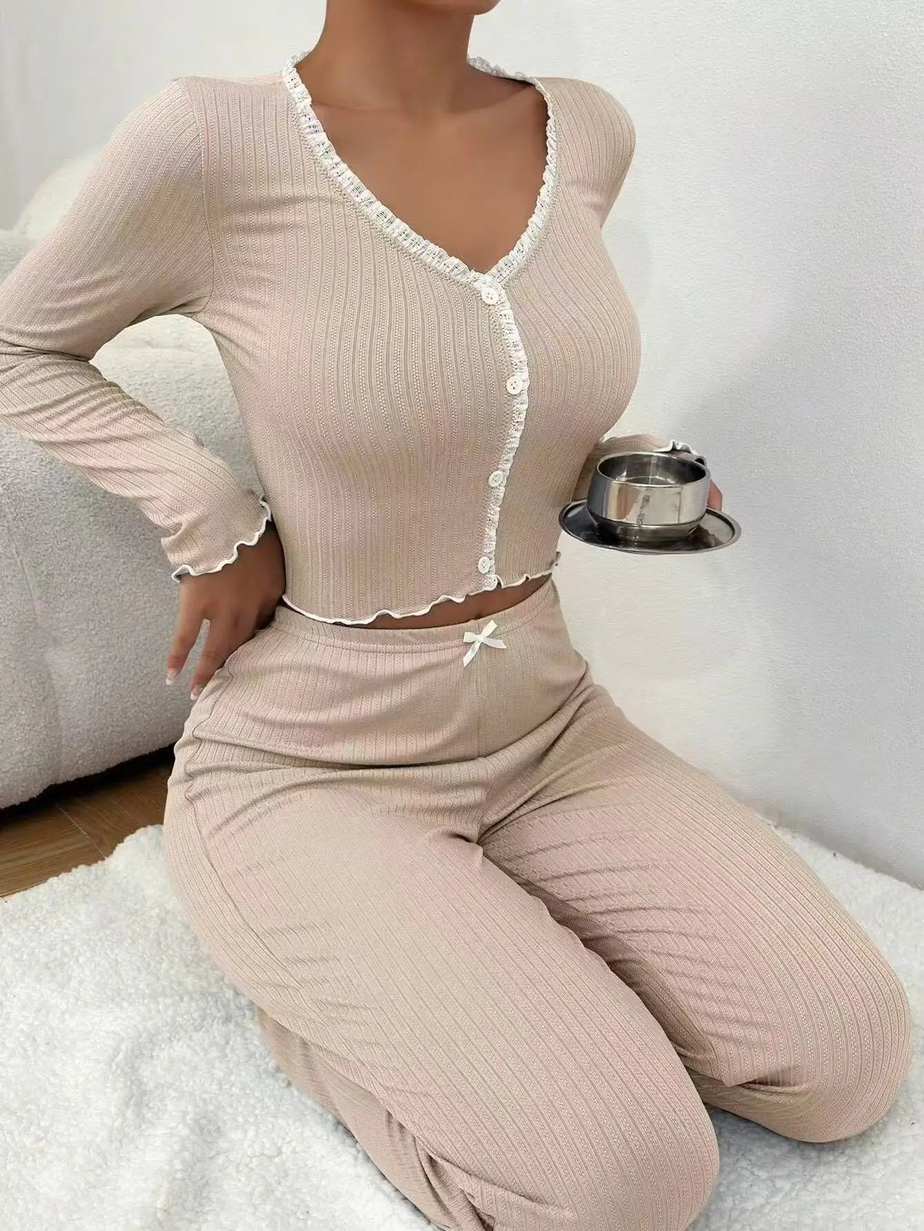 Beige ribbed knit Y2K loungewear set with lace trim V-neck top and pants