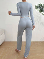 Sky blue ribbed knit Y2K loungewear set with lace trim V-neck top and pants