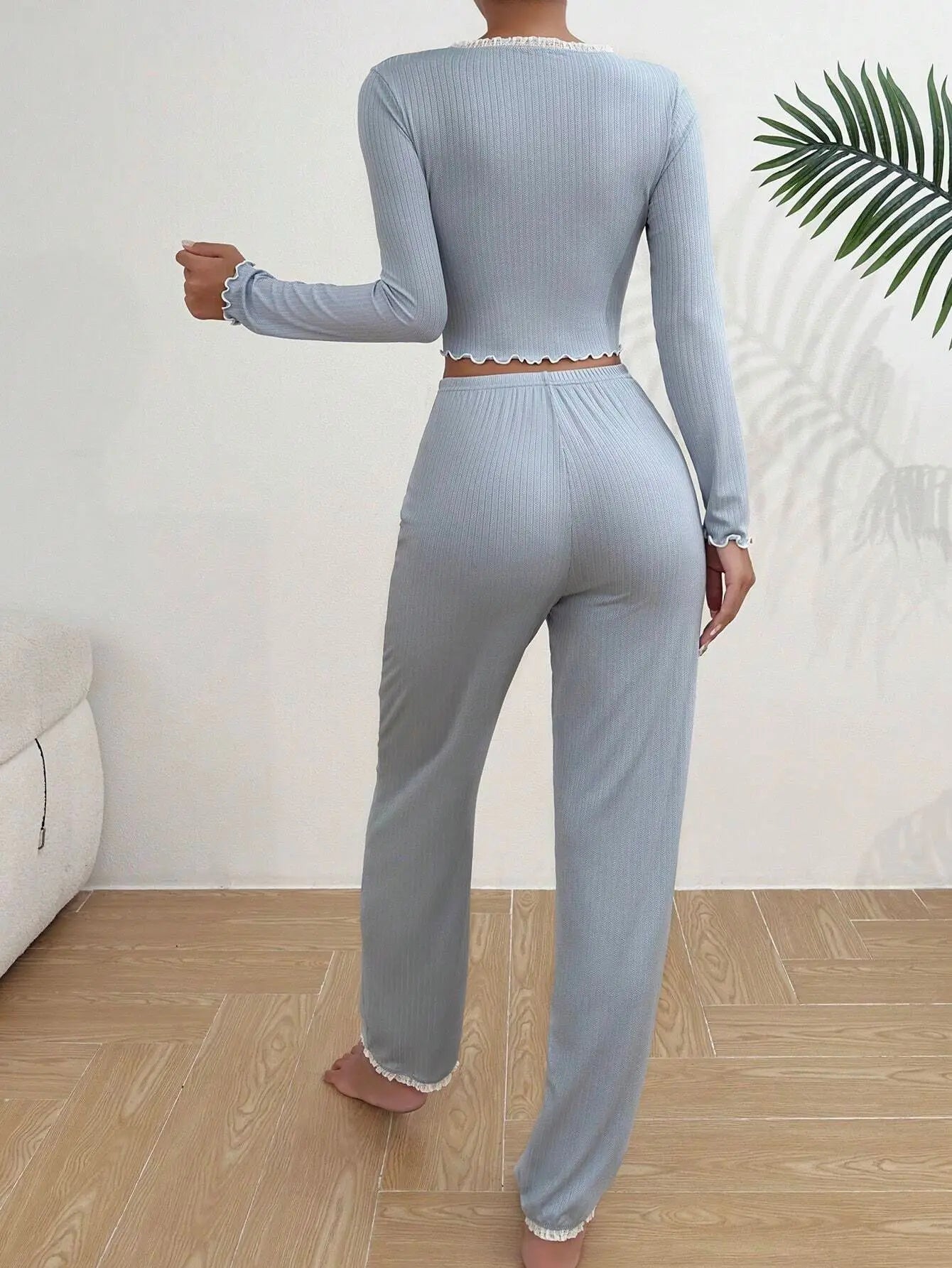 Sky blue ribbed knit Y2K loungewear set with lace trim V-neck top and pants