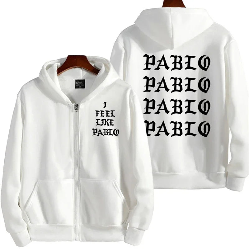 White zip-up hoodie with multiple gothic letter print on back