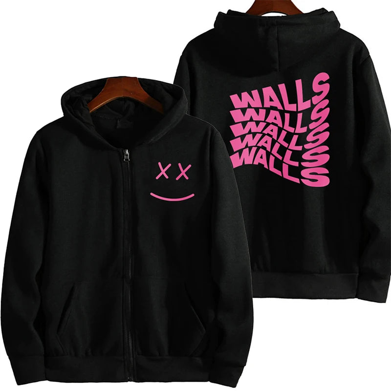 Black graphic zip-up hoodie with gothic letter artwork