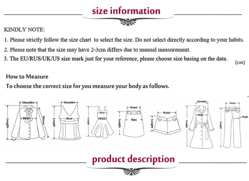 Size chart and measurement guide for clothing on a white background
