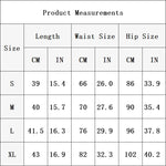 Table of product measurements including length, waist size, and hip size in centimeters and inches.