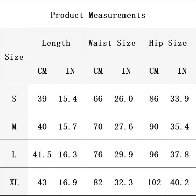 Table of product measurements including length, waist size, and hip size in centimeters and inches.