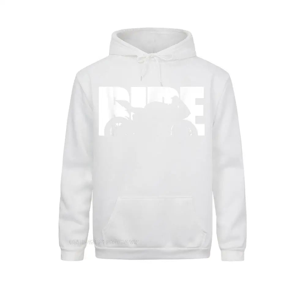 White hoodie with bold white RIDE motorcycle graphic – men’s biker streetwear pullover