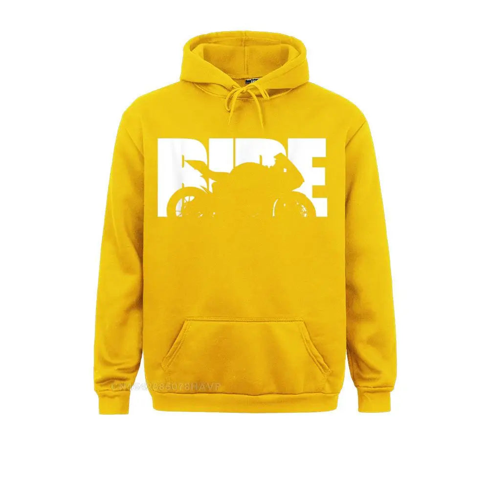 Yellow hoodie with bold white RIDE motorcycle graphic – men’s biker streetwear pullover
