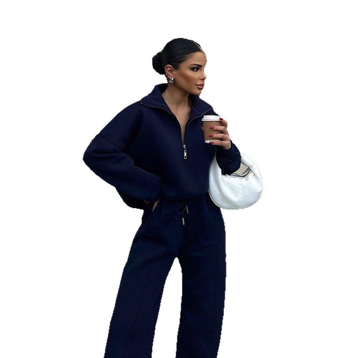 Casual Women's Fashion Half - zip Hoodie And Pants Two - piece Set Loose Casual Autumn And Winter Outfit - Zip - up Hoodies set - CJLS262230115OL - null