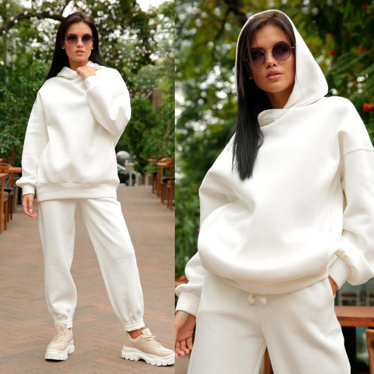 Fashion solid color Hoodie casual two piece set - Plain Hoodies - CJNSSYTZ05601-White-L - null