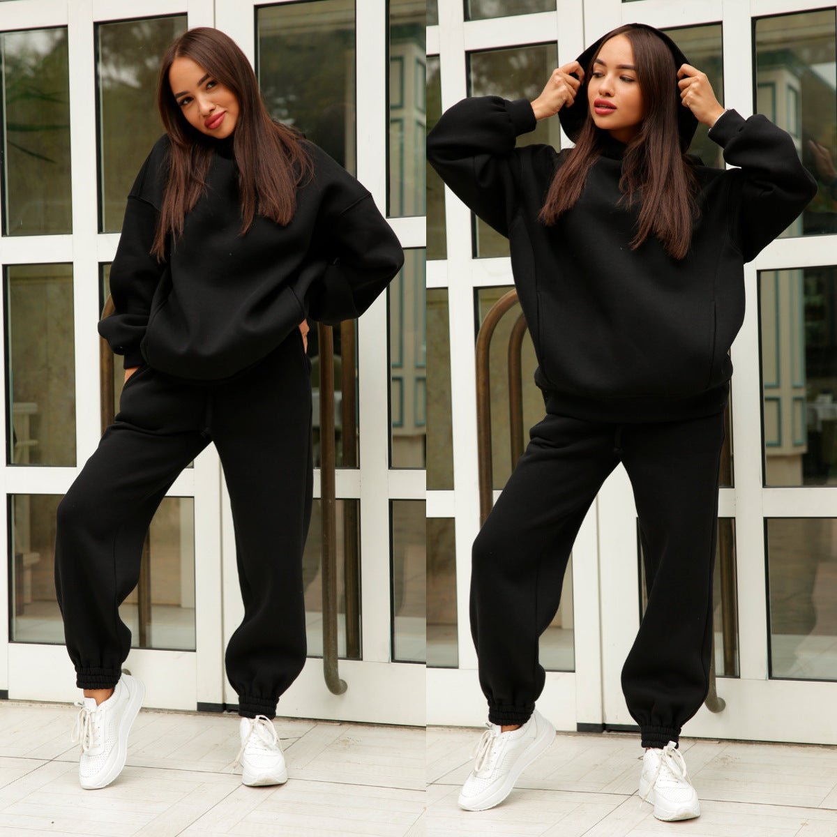 Fashion solid color Hoodie casual two piece set - Plain Hoodies - CJNSSYTZ05601-Black-L - null