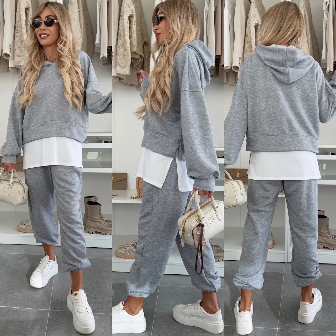 Hooded Sweatshirt Suit Loose Long Sleeve False Two - piece Tops And Jogger Sports Trousers Casual Spots Set For Women's Clothing - Plain Hoodies - CJLS233613521UF - null