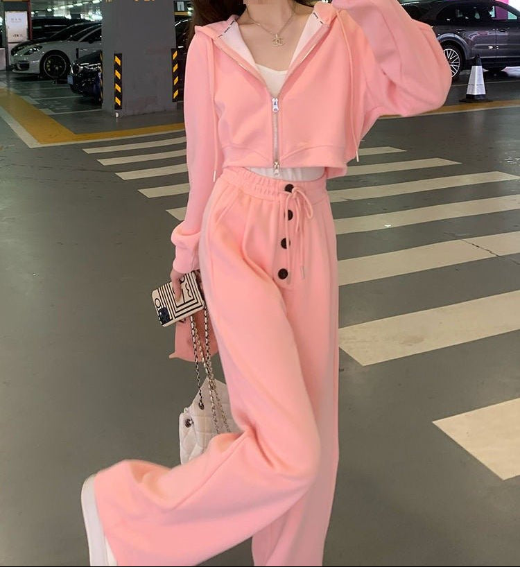 New Stylish Casual Sporty Hoodie And Wide - leg Pants Set For Petite Figures - Zip - up Hoodies set - CJLS264074202BY - null