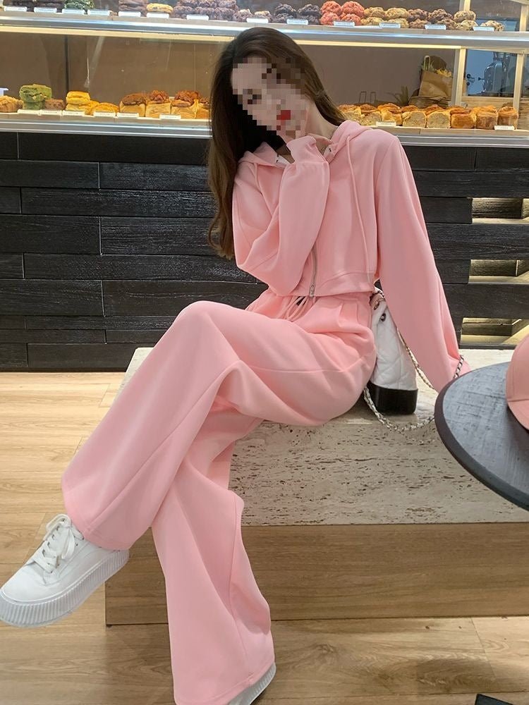 New Stylish Casual Sporty Hoodie And Wide - leg Pants Set For Petite Figures - Zip - up Hoodies set - CJLS264074202BY - null